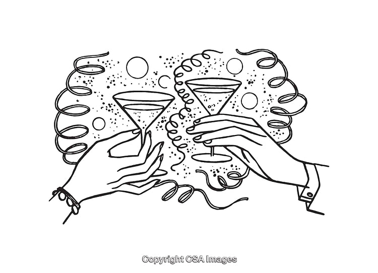 Line Art Illustration of Hands Toasting with Martini Glasses and Party Decor