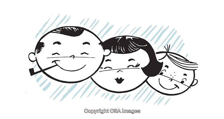 Retro Cartoon Illustration of a Happy Family with Smiling Faces