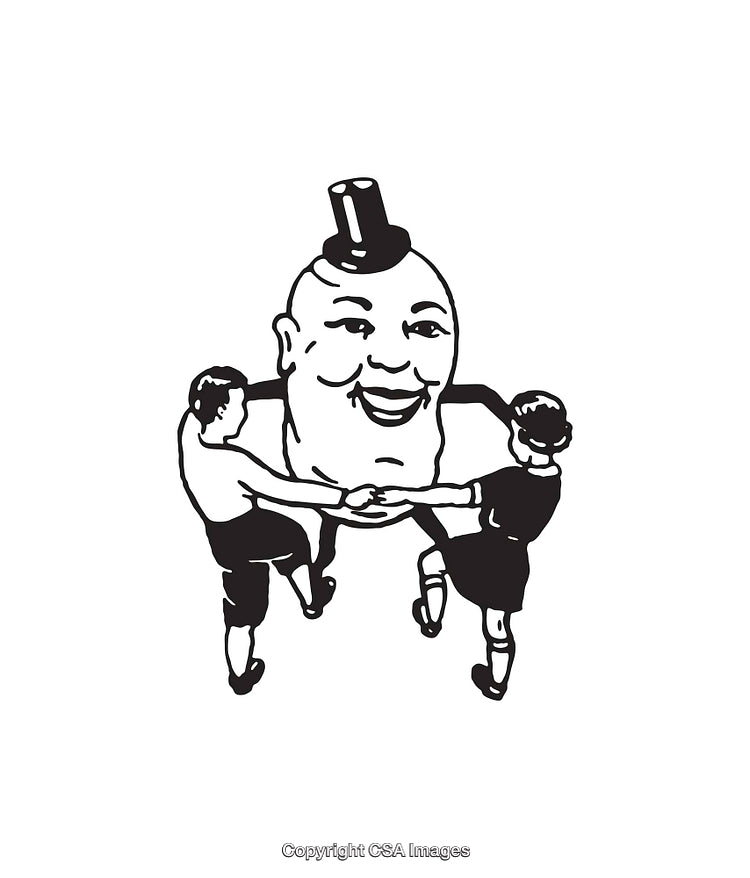 Black and White Line Art of Children Playing with Humorous Character