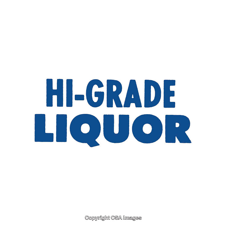 Bold Blue Typography Featuring Hi-Grade Liquor Branding on White Background