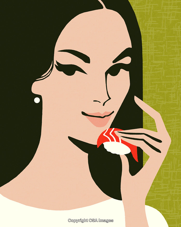 Stylized Portrait of a Woman Enjoying Sushi on a Vibrant Background