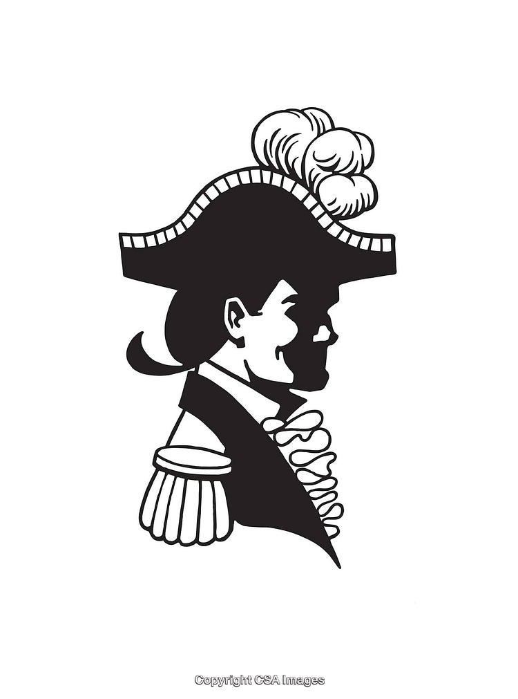 Black and White Line Art Portrait of a Historical Man in Periodic Hat