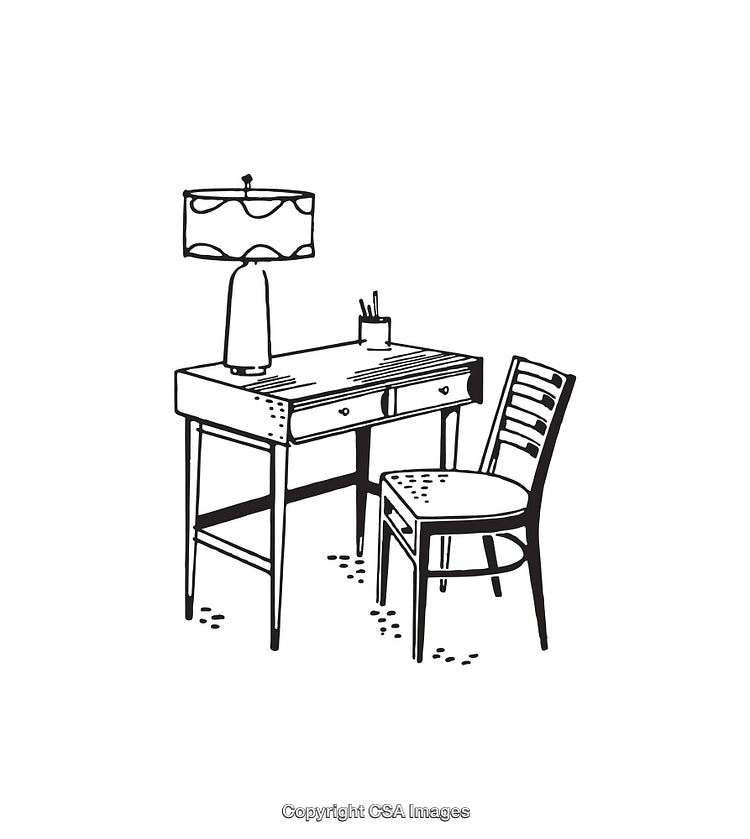 Black and White Line Art of Desk with Chair and Lamp