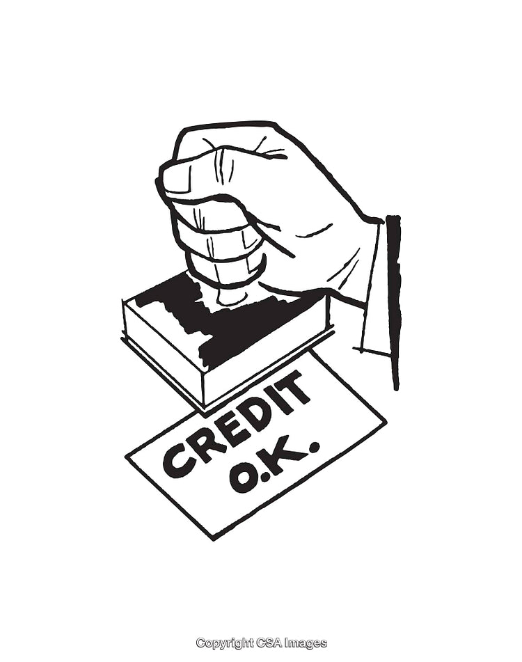 Black and White Line Art of a Hand Stamping Credit OK