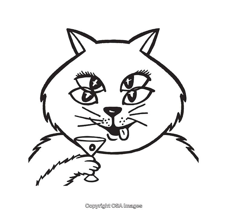 Whimsical Black and White Line Art Illustration of a Cat with a Drink