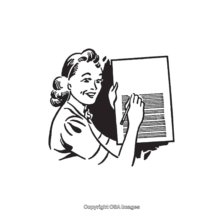 Retro Style Black and White Illustration of Woman Holding Document