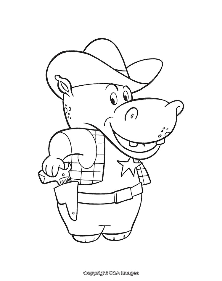 Line Art Illustration of a Cowboy Hippo Holding a Toy Gun
