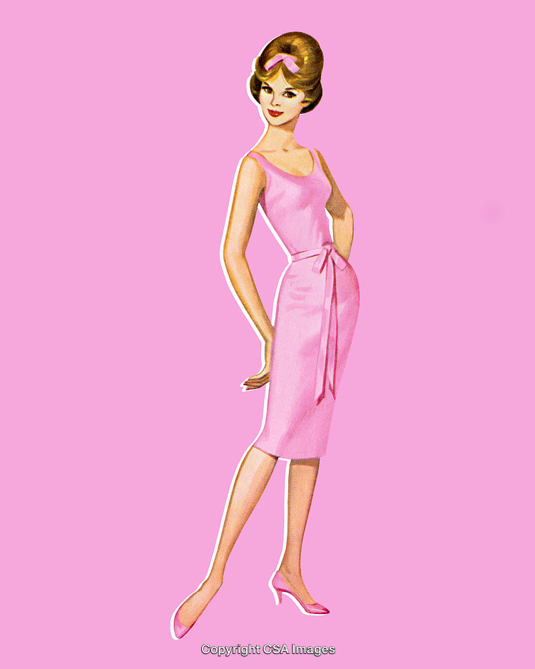 Elegant Female Illustration in Retro Pink Dress and Matching Shoes