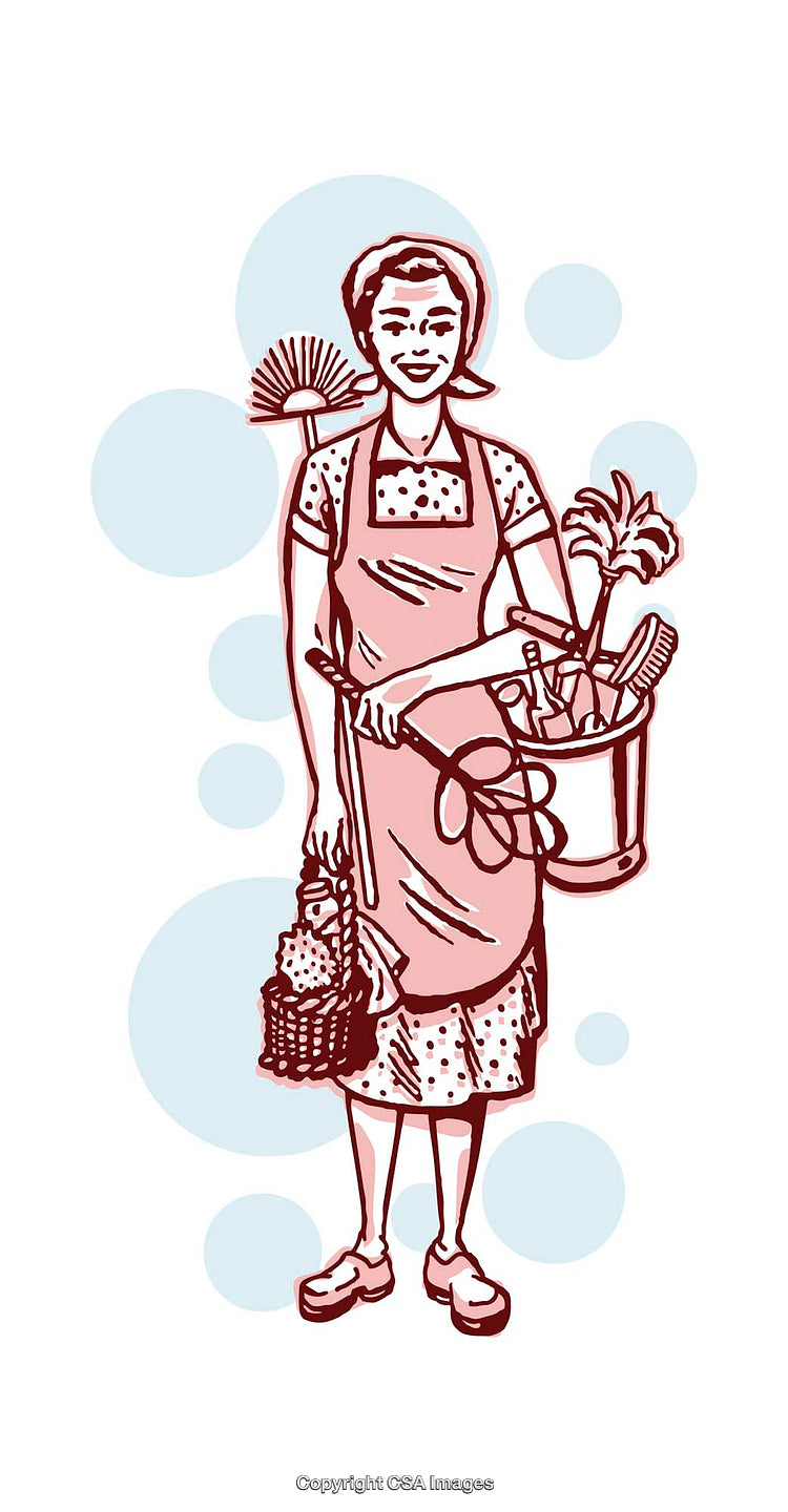 Illustration of a Cheerful Housekeeper with Cleaning Tools and Supplies