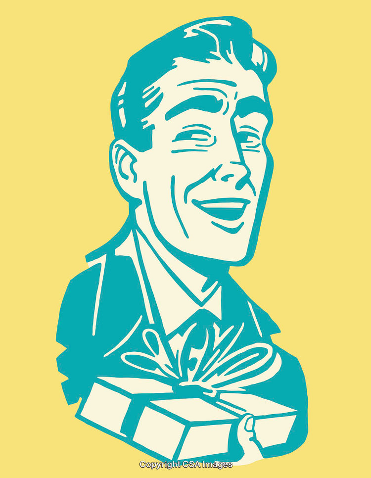 Retro Style Illustration of a Man Holding a Gift Box in Hand