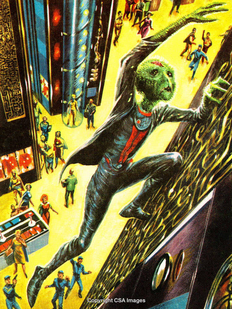 Retro Illustration of Alien Climbing a Wall in a Futuristic City Scene