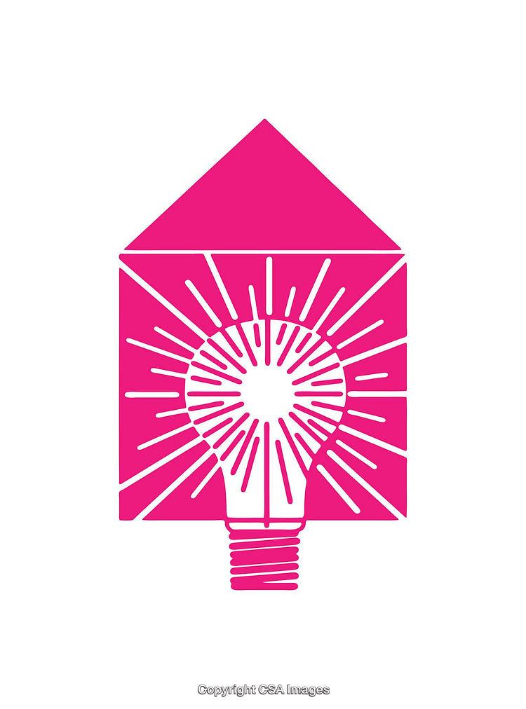 Pink Geometric Icon Representing a Lightbulb Inside a House Shape