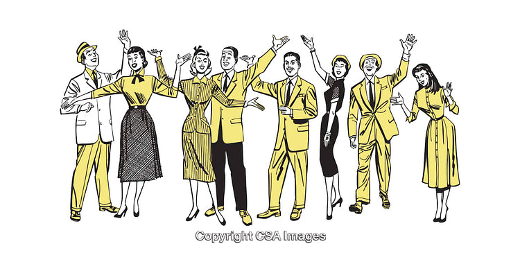 Retro Illustration of People Cheerfully Celebrating in Vintage 1950s Style