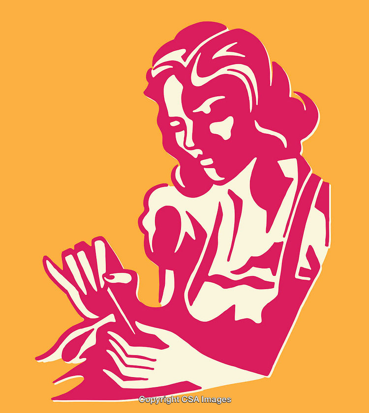 Stylish Retro Illustration of a Woman Knitting in Warm Colors
