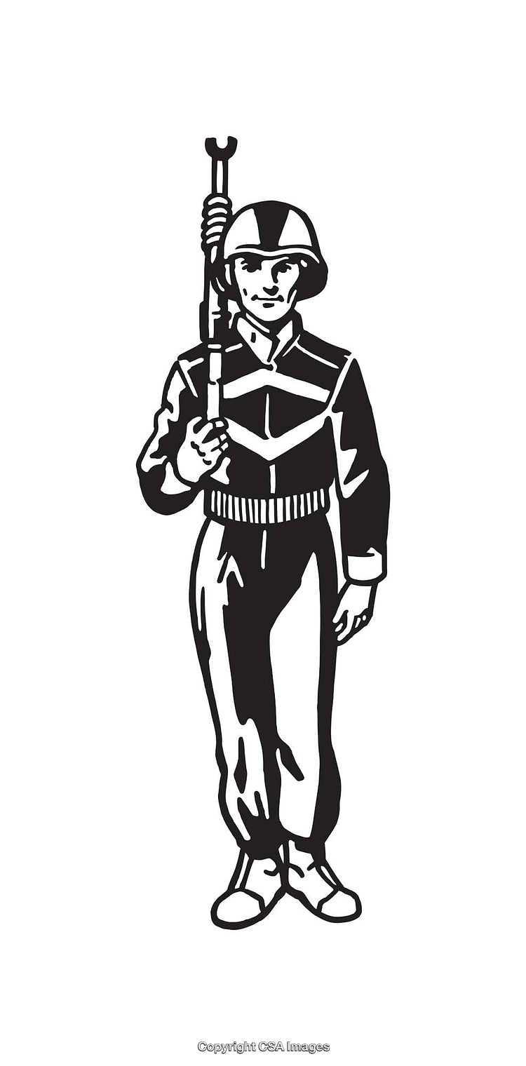 Black and White Line Art of a Uniformed Soldier Standing with Rifle