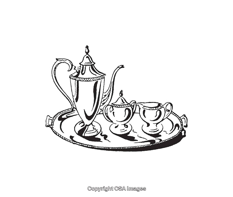 Elegant Black and White Line Art of a Tea Set on Tray
