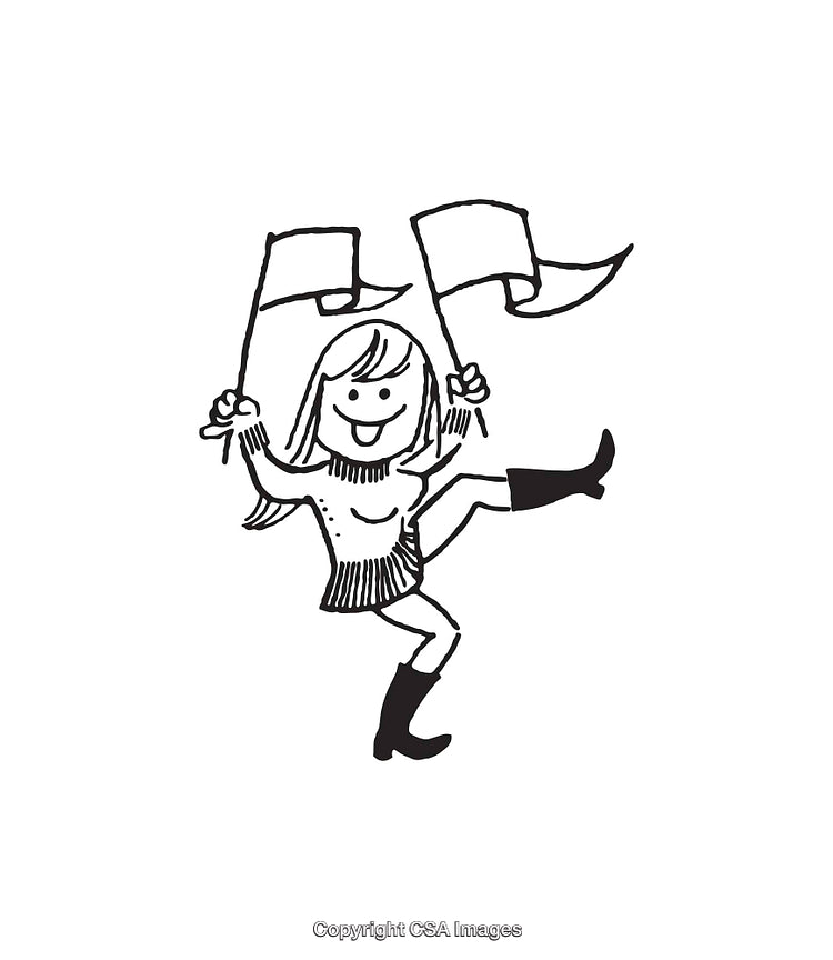 Cheerful Cartoon Woman Waving Flags in Black and White Illustration