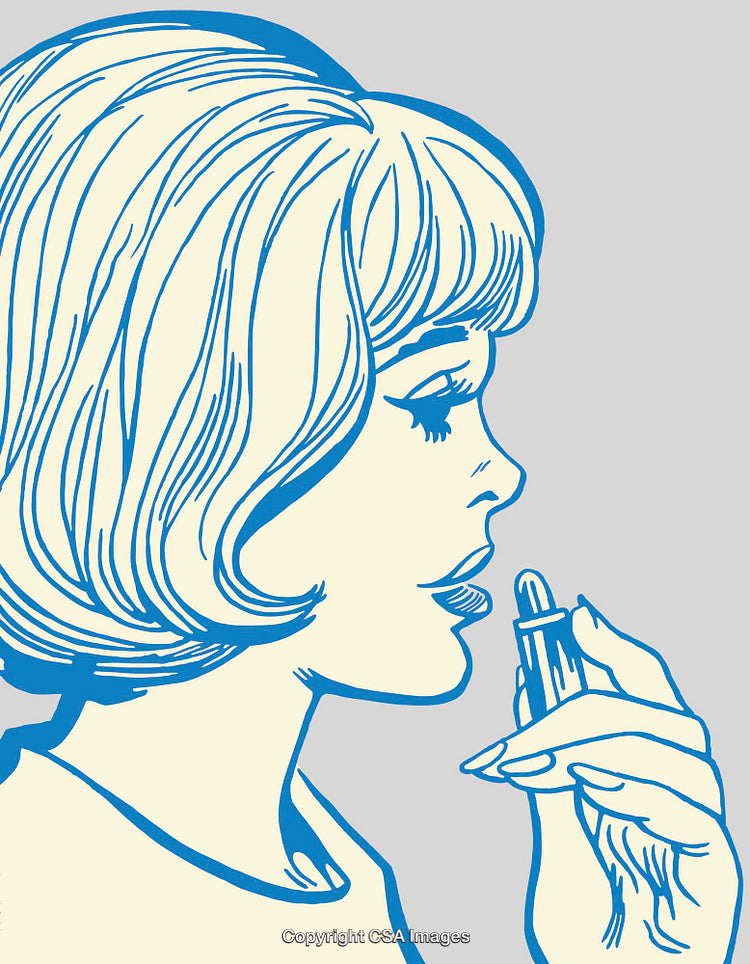 Color Line Art Illustration of a Woman Applying Lipstick