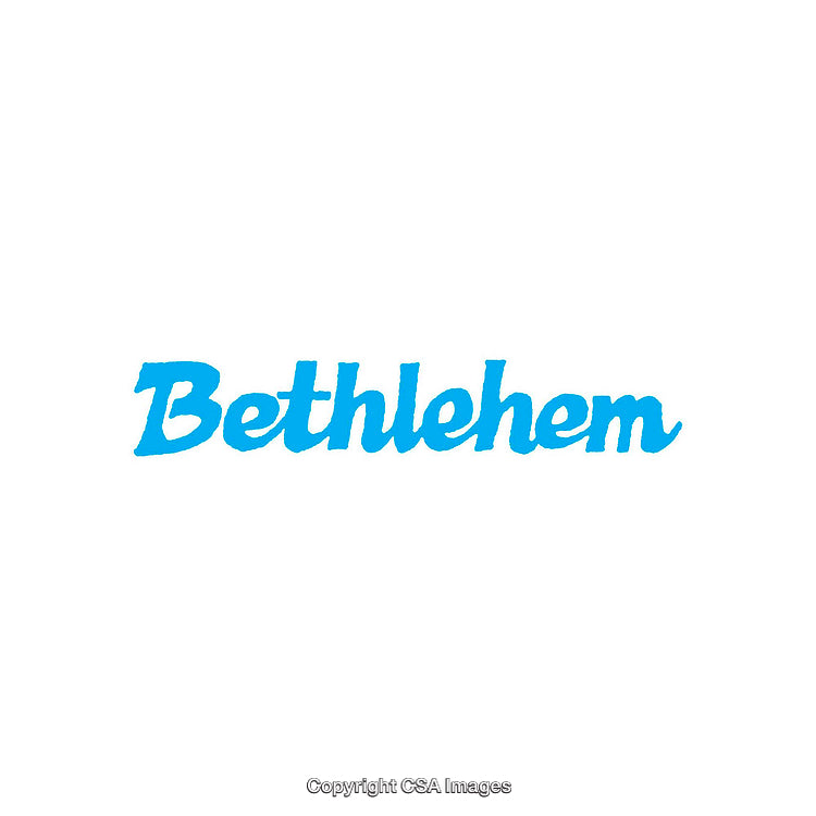 Blue Script Lettering Displaying the Word Bethlehem on White Background