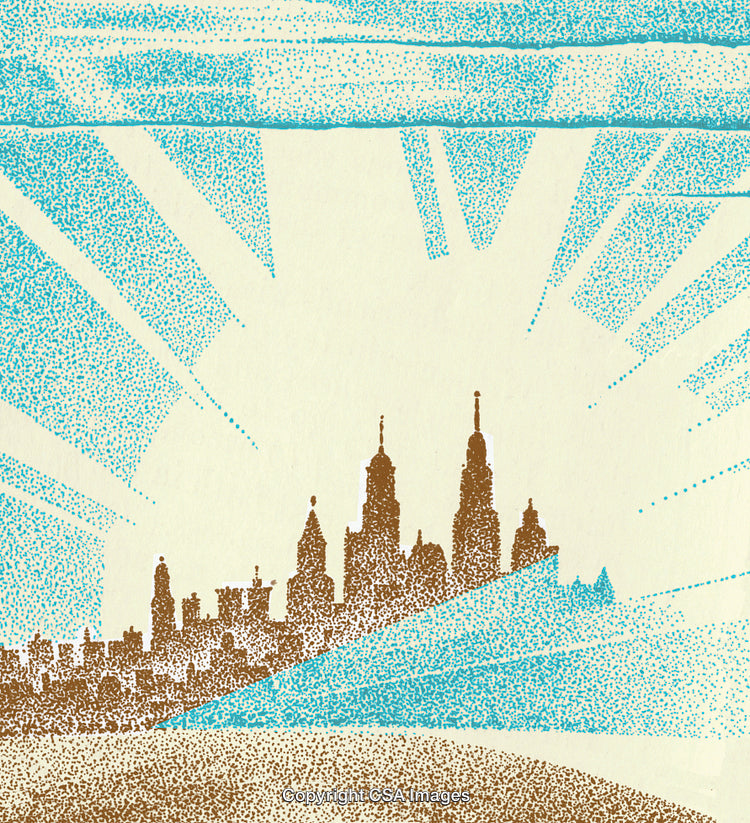 Abstract Skyline Landscape Illustration with Vibrant Rays and Textured Details