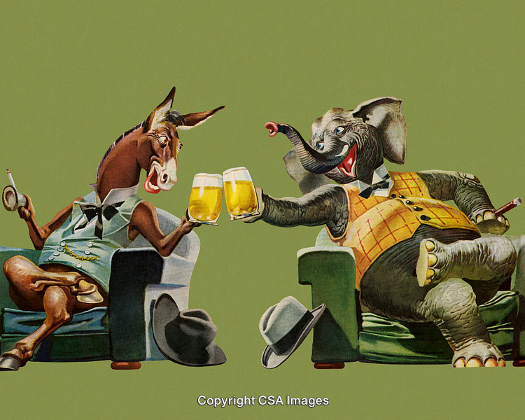 Anthropomorphic Donkey and Elephant Sharing Beers in a Humorous Setting