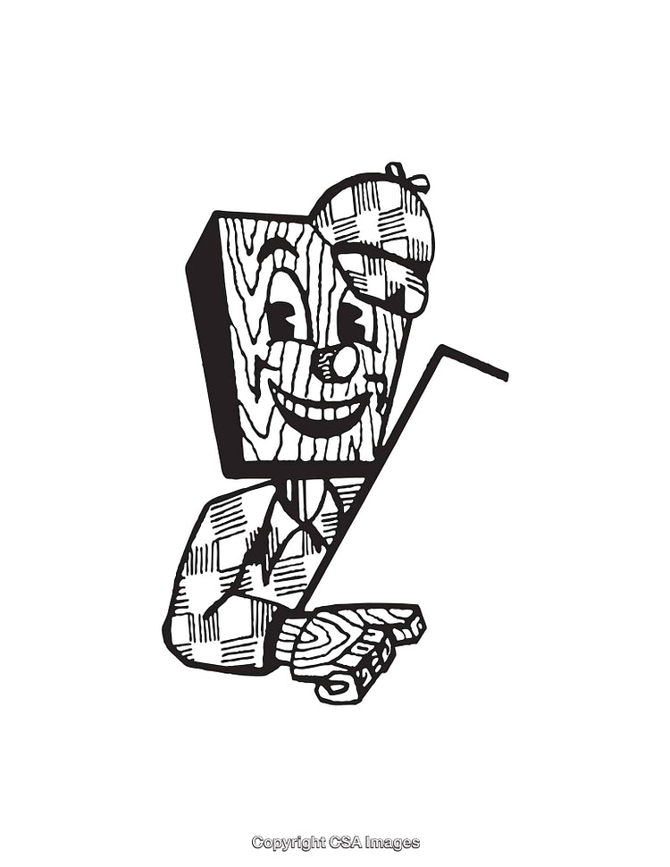 Black and White Illustration of a Playful Wooden Character in Line Art