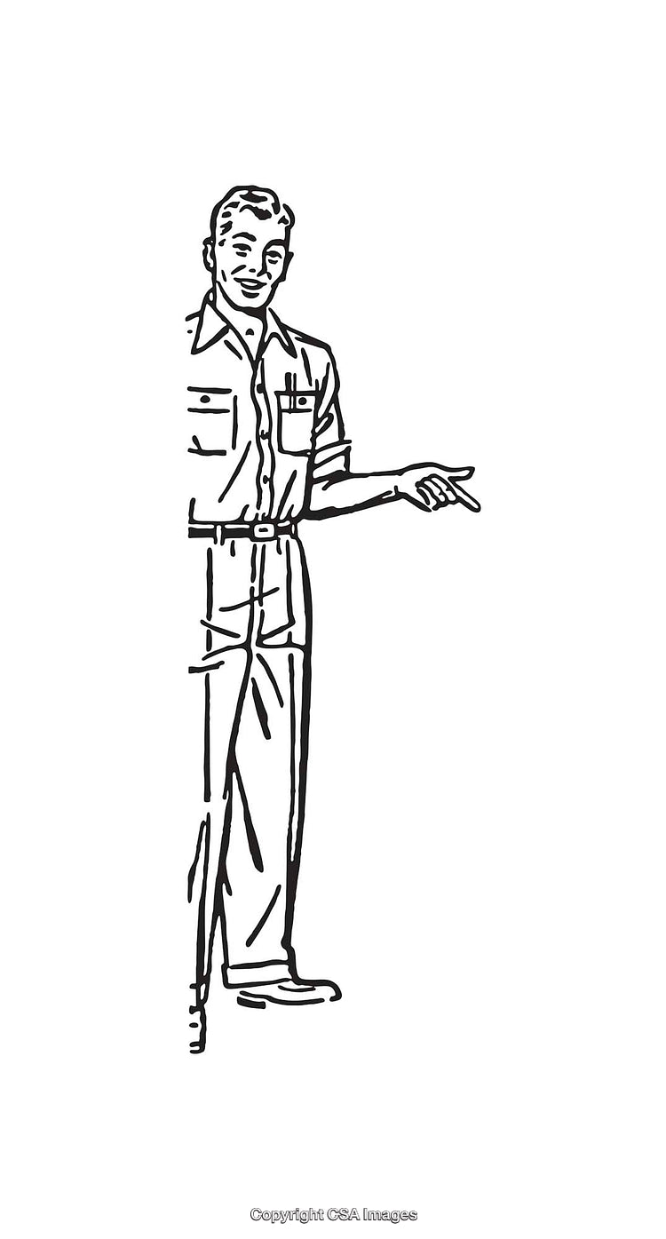 Retro Black and White Line Art of a Man Pointing