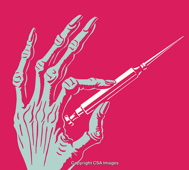 Skeleton Hand Holding Syringe Against Pink Background in Line Art Style