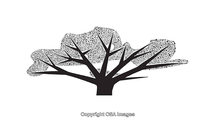 Black and White Line Art of a Tree with Speckled Details