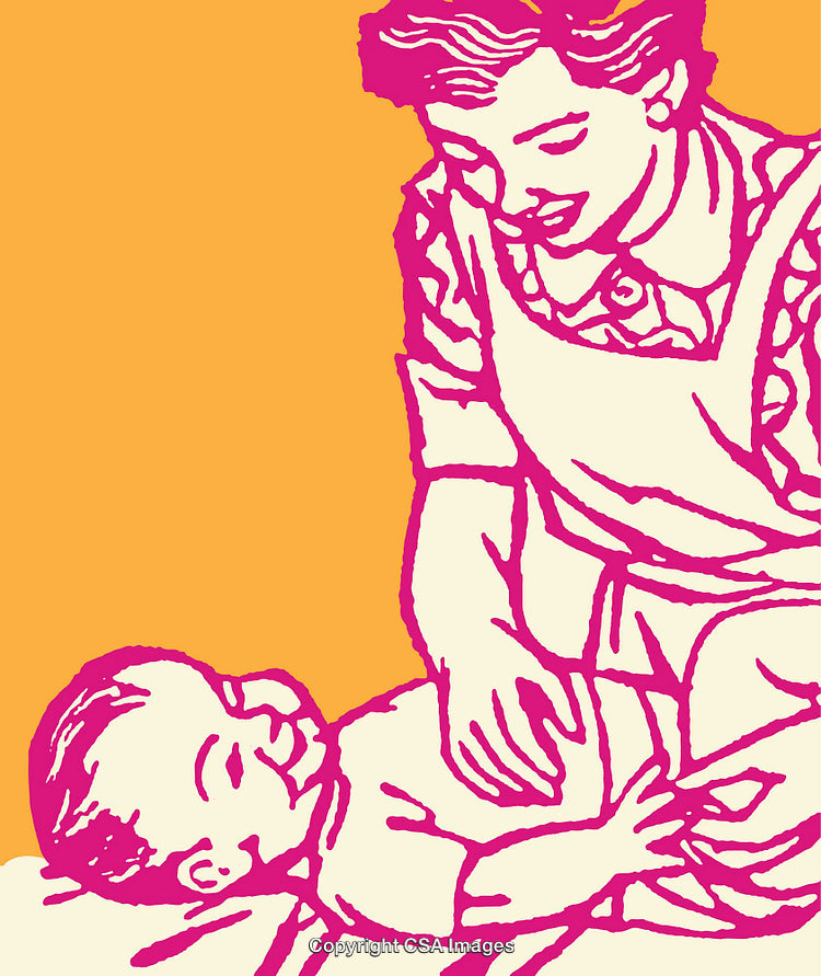 Colorful Illustration of a Mother Caring for a Baby in Line Art Style