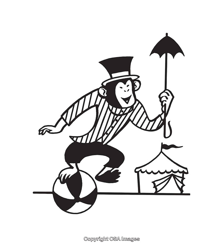 Circus Monkey in Hat Balancing on Ball with Umbrella