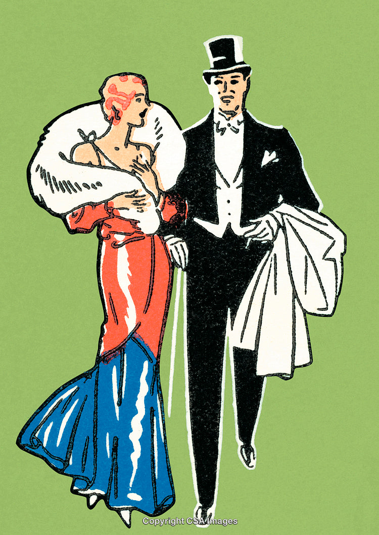 Elegant Fashion Illustration of a Glamorous Couple in Evening Dress