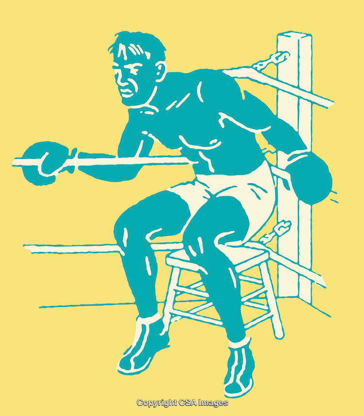 Boxing Illustration of a Fighter Resting on a Stool in the Ring