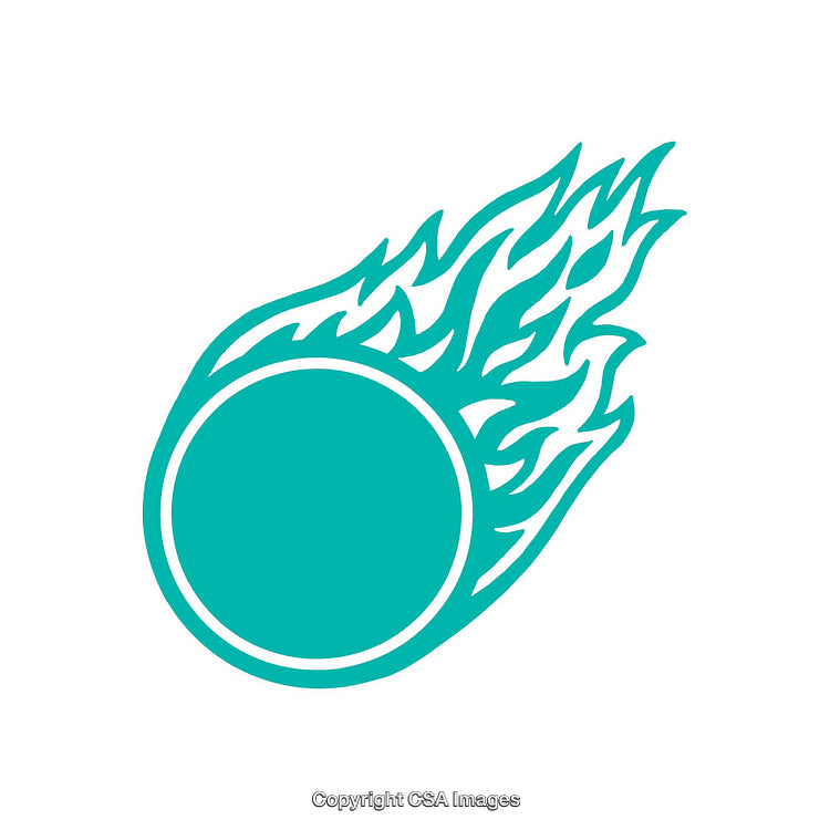 Graphic Illustration of a Flaming Circular Object in Teal Blue