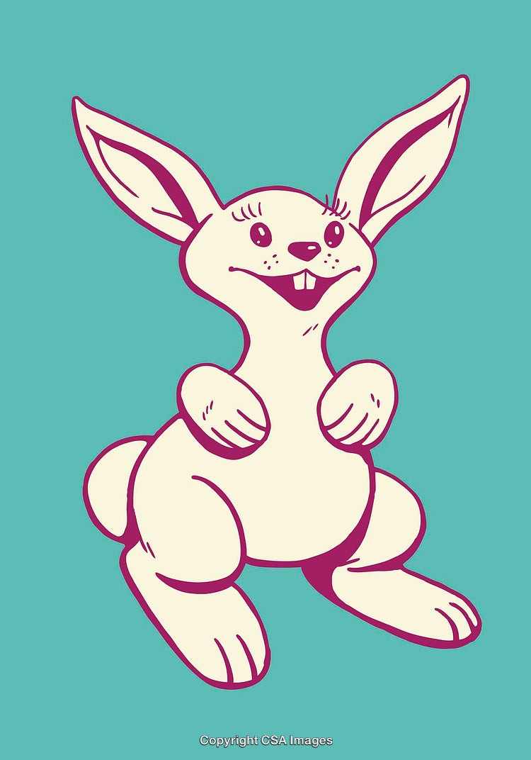 Colorful Line Art Illustration of a Happy Cartoon Rabbit on Teal Background
