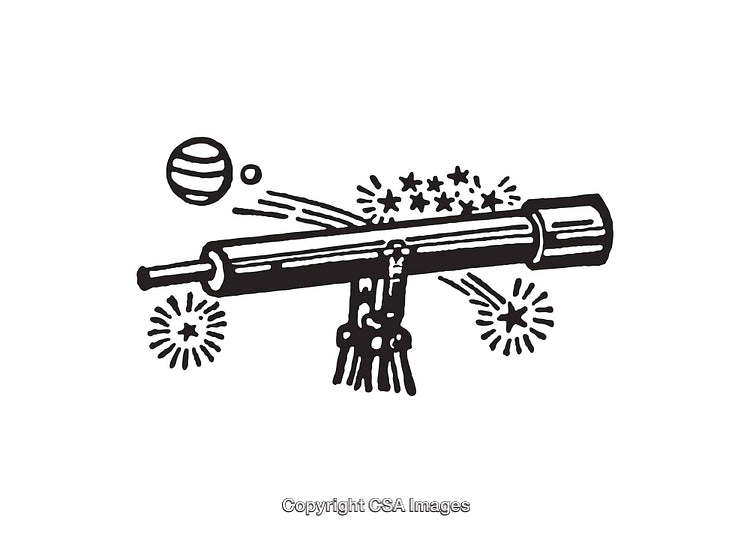 Astronomy Icon With Telescope, Planets, and Stars in Black and White Style