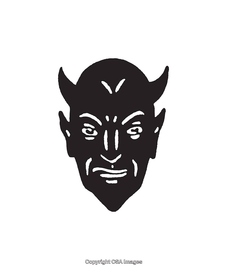 Black and White Illustration of a Demon Face with Horns