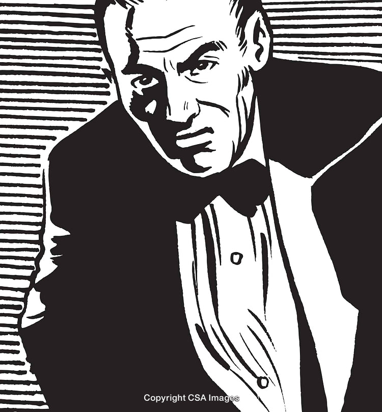 Monochrome Illustration of a Man in Formal Attire with a Serious Expression