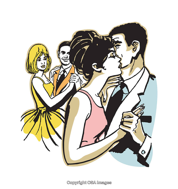 Retro Illustration of Couples Dancing at a Social Gathering
