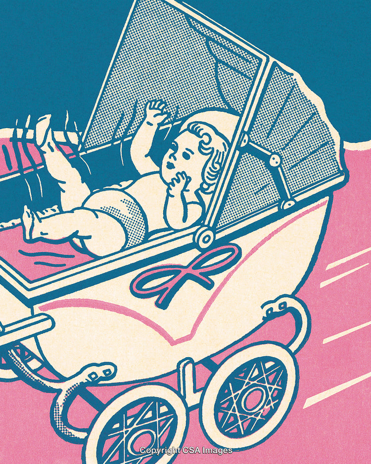 Retro Illustration of Baby Reclining in a Vintage Baby Carriage