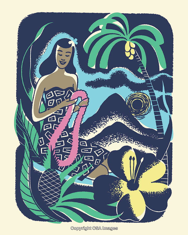 Colorful Tropical Illustration Featuring Woman with Lei and Island Scenery