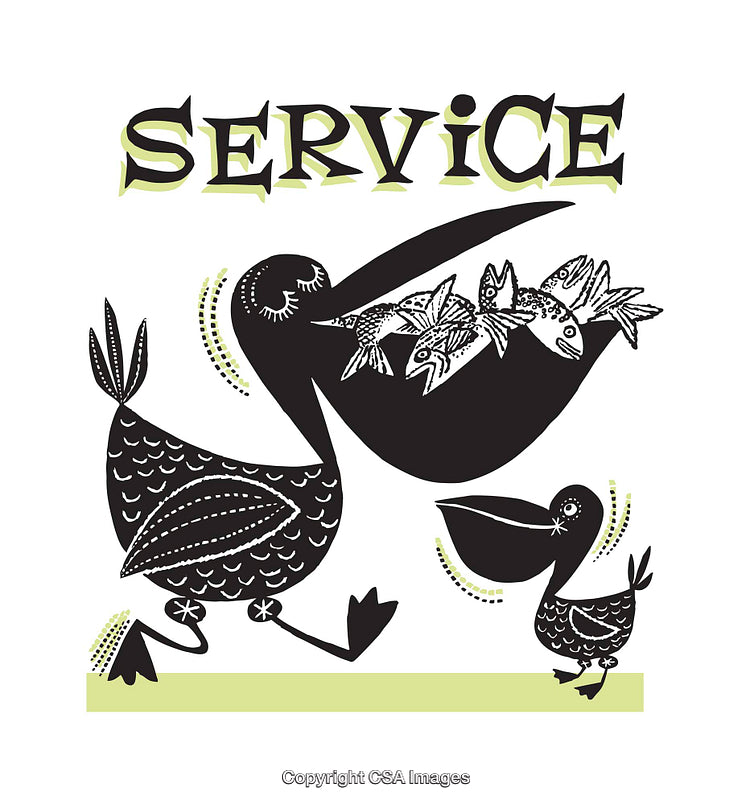 Illustrated Pelican Serving Fish to Chick with Creative Typography