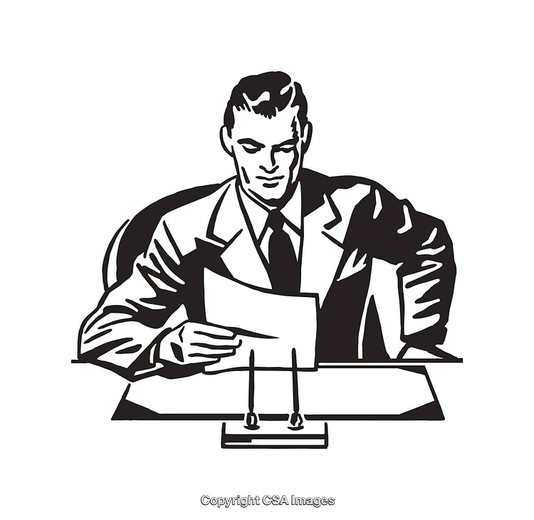 Retro Black and White Illustration of a Man Reading a Document