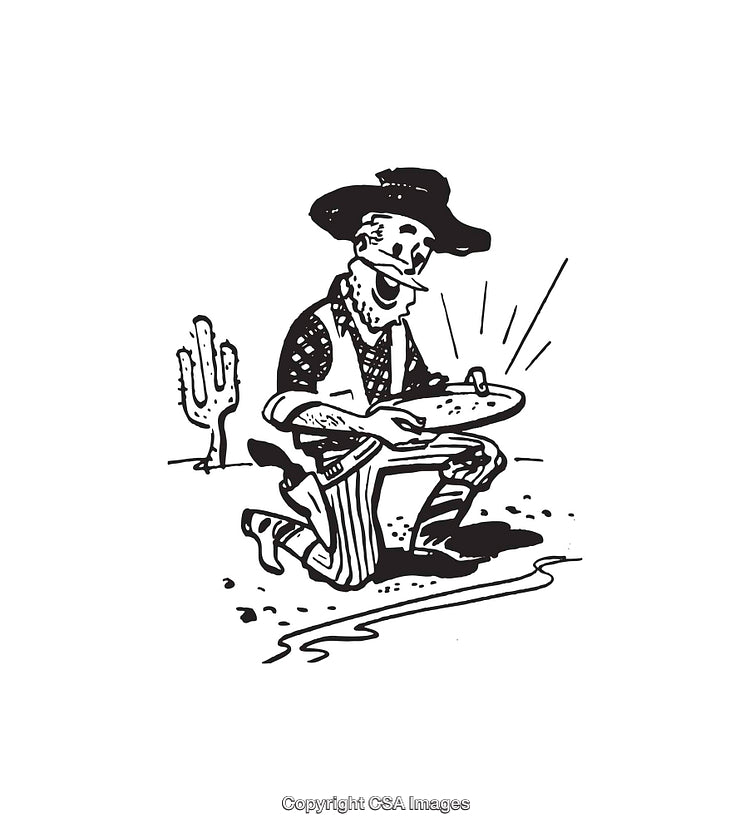 Black and White Illustration of a Gold Prospector Panning