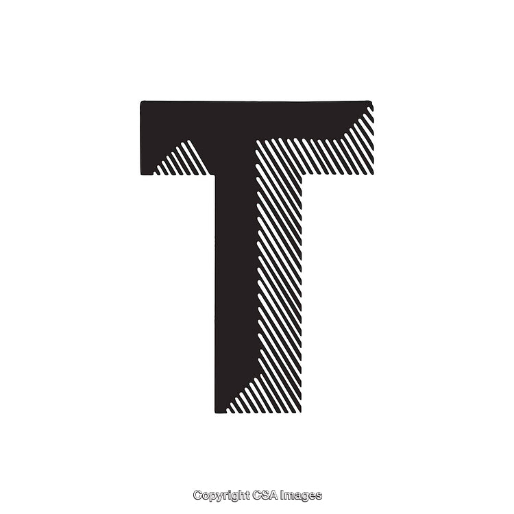 Bold Black Letter T With Diagonal Stripes on White Background