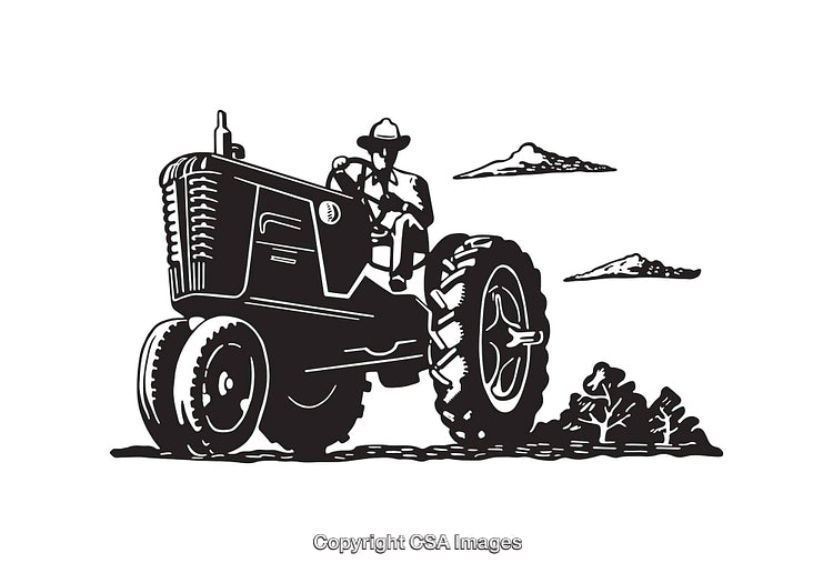 Black and White Illustration of Farmer on a Tractor in the Field
