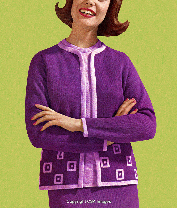 Vintage Styled Portrait of Woman in Purple Outfit with Retro Design