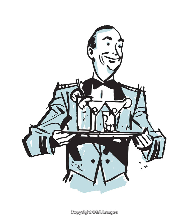 Vintage Styled Illustration of a Waiter Holding a Tray with Cocktails