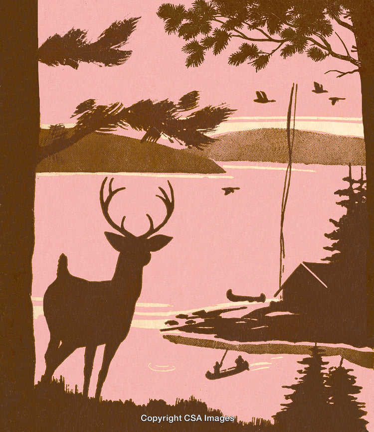 Rustic Scene with Deer, Canoe, and Cabin by a Serene Lake
