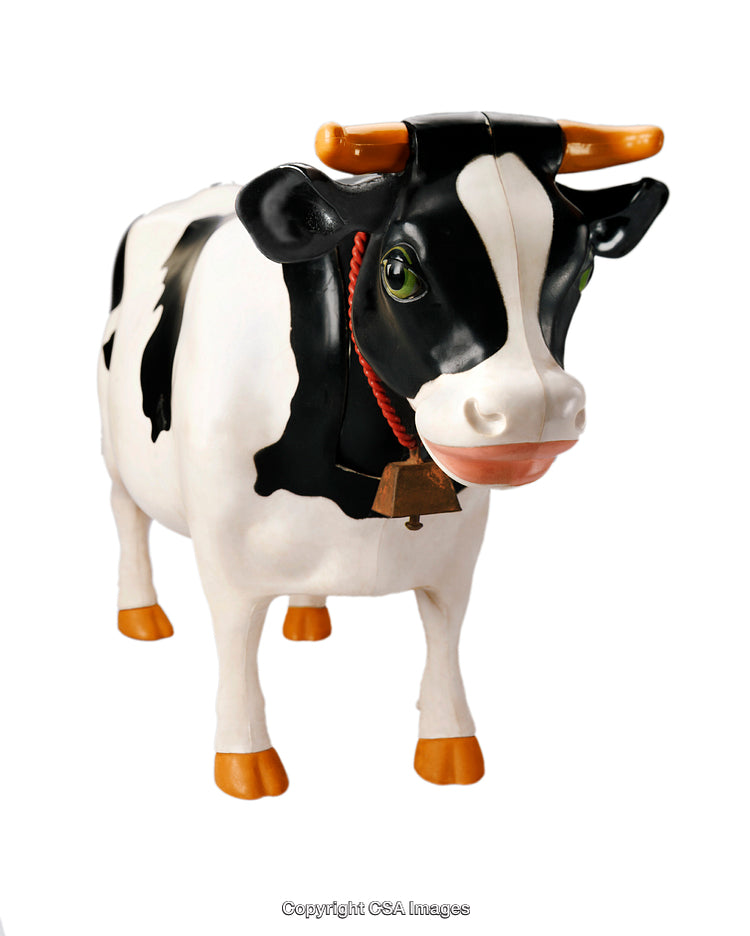 Colorful Plastic Cow Figurine with a Bell on White Background